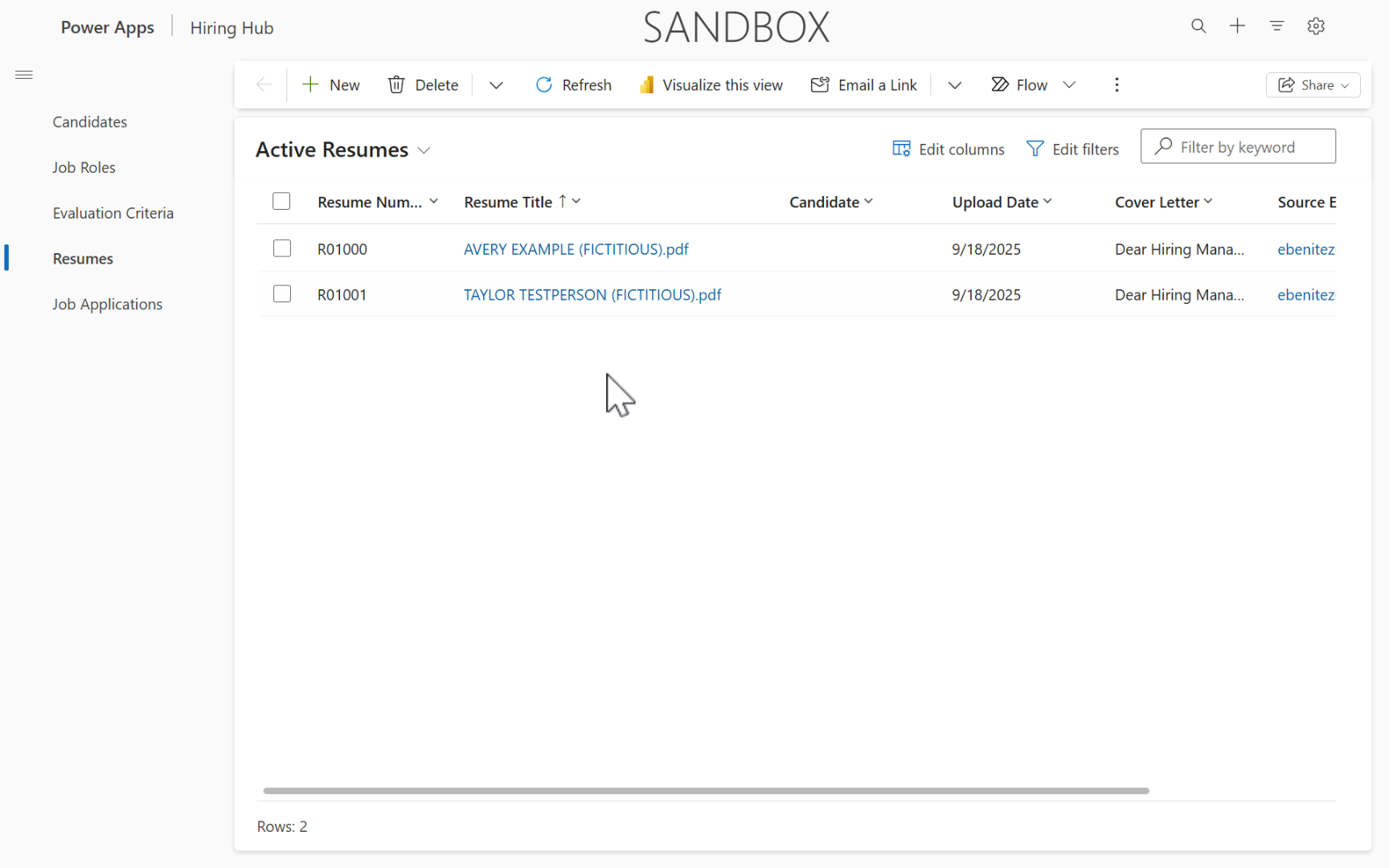 Hiring Hub model-driven app의 Resume system view