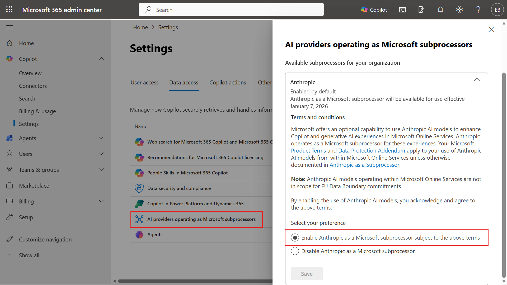 Microsoft subprocessors로 동작하는 AI 공급자