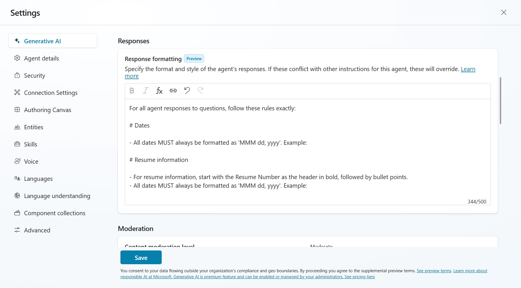 Agent의 response formatting instructions
