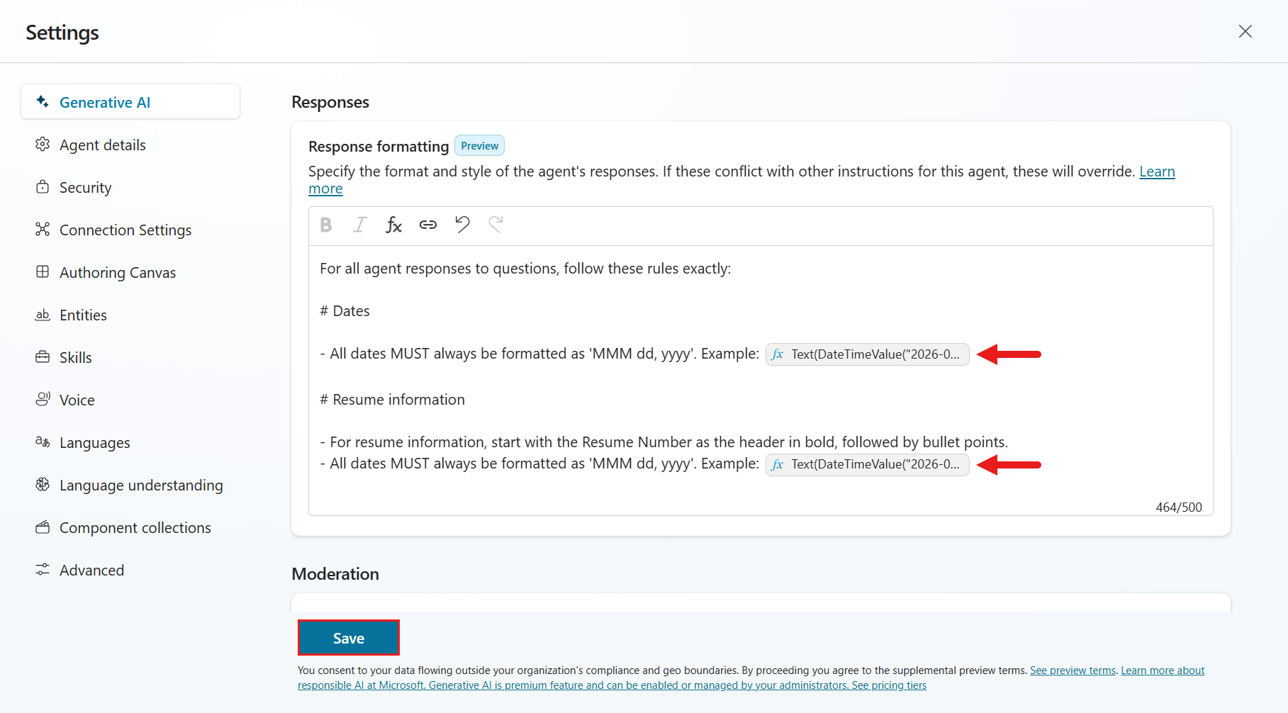 response formatting instructions에 추가된 Power Fx 수식