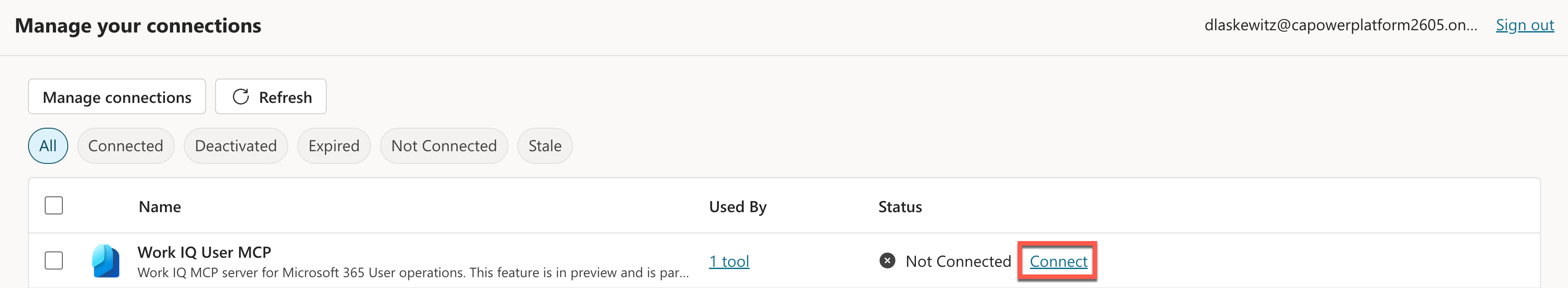 Work IQ User MCP 연결 옆의 Connect 선택