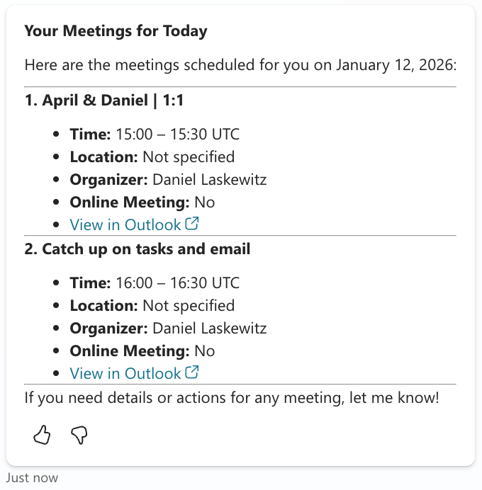 Get my meetings for today 응답