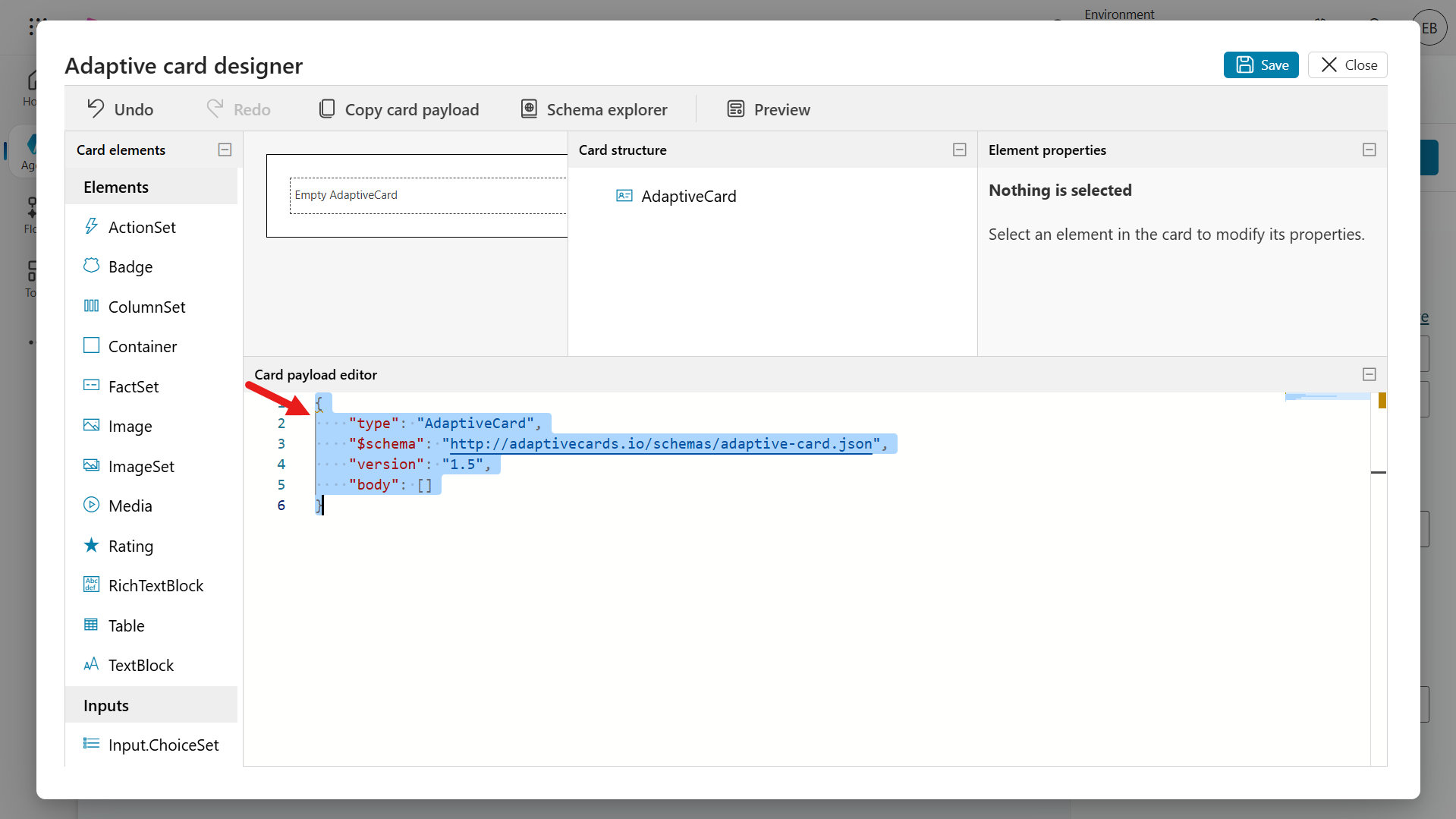 기본 JSON 값을 지우고 CSATFeedback.json 파일 내용 붙여넣기