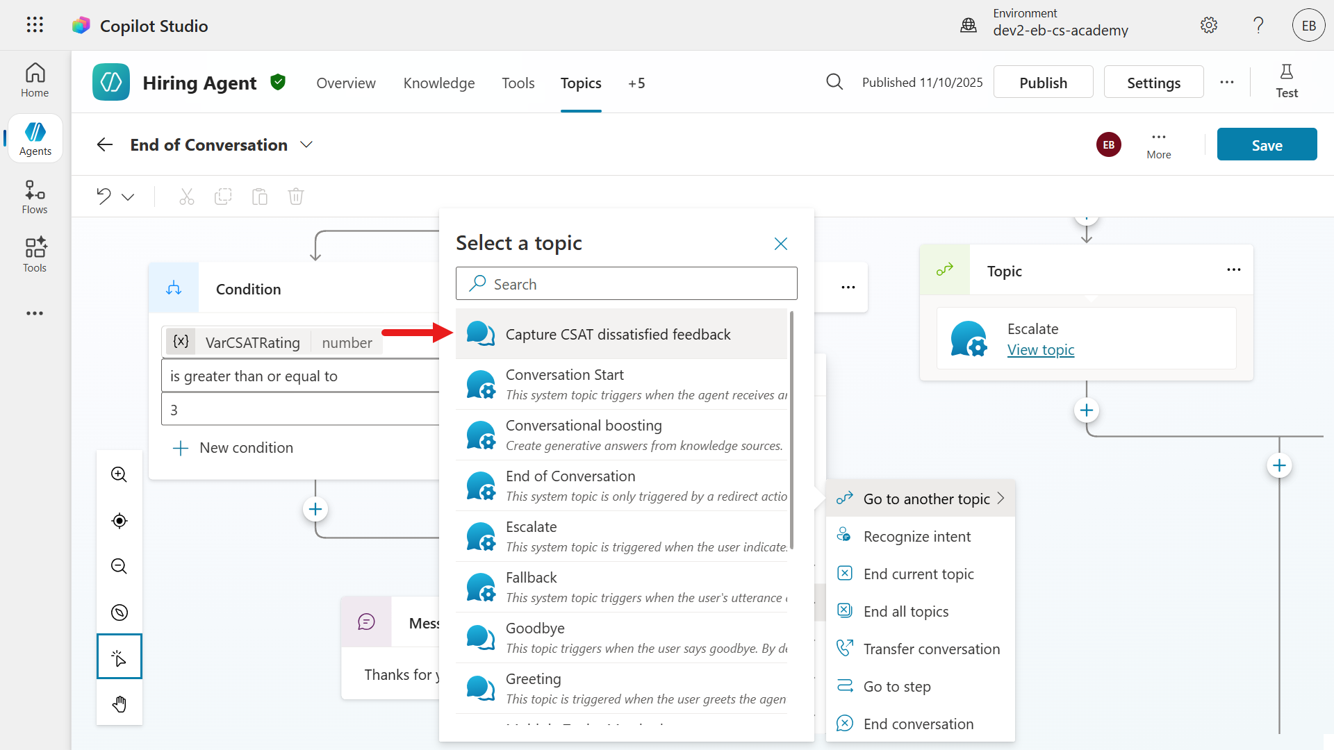 Capture CSAT dissatisfied custom topic 선택