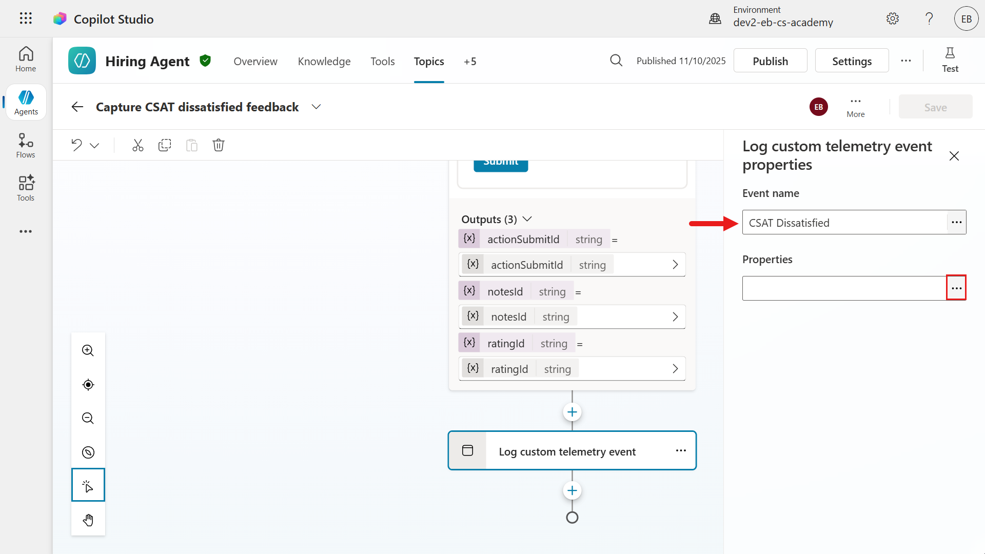 Log custom telemetry event 속성