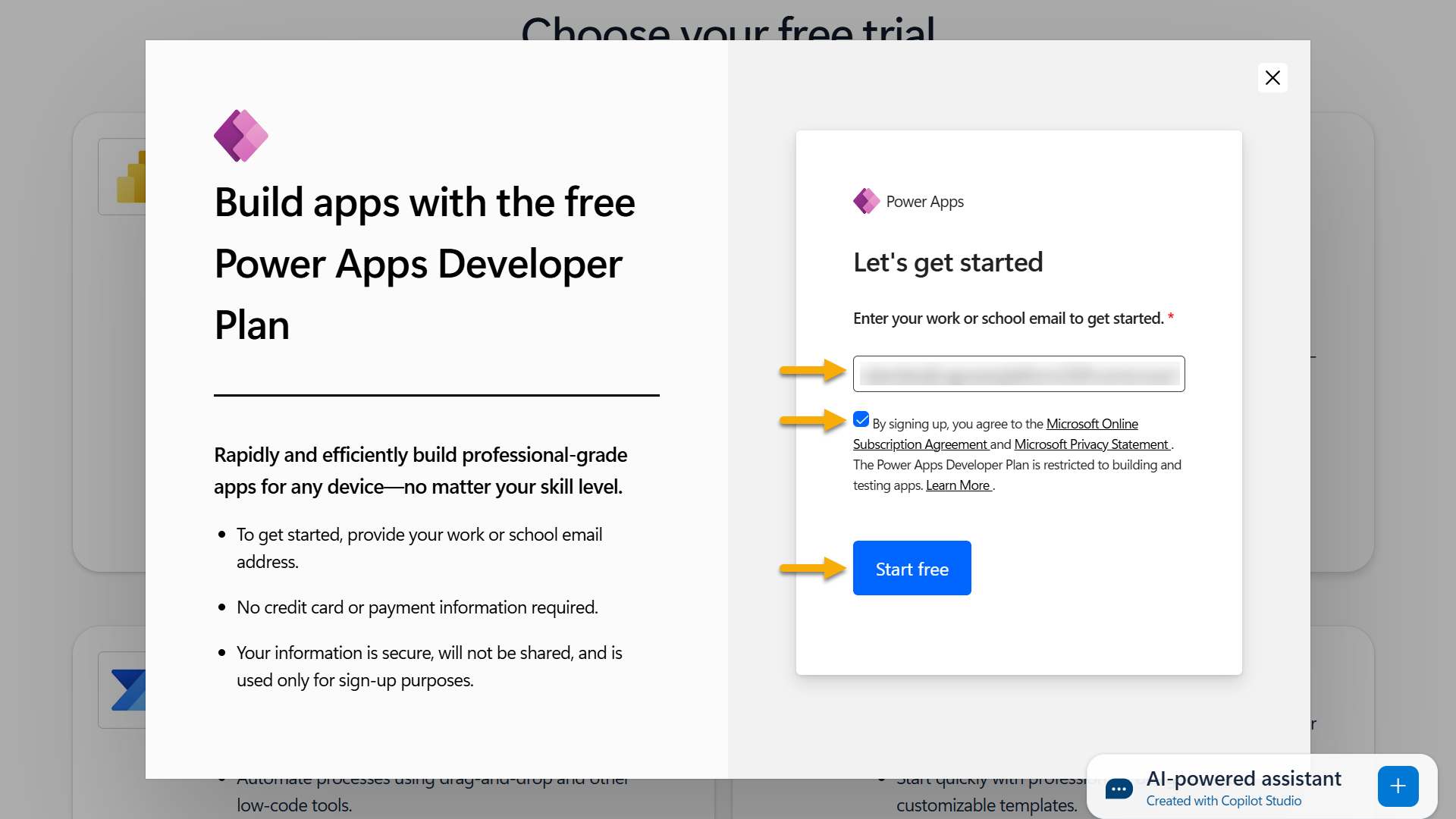 Power Apps Developer Plan 등록 화면
