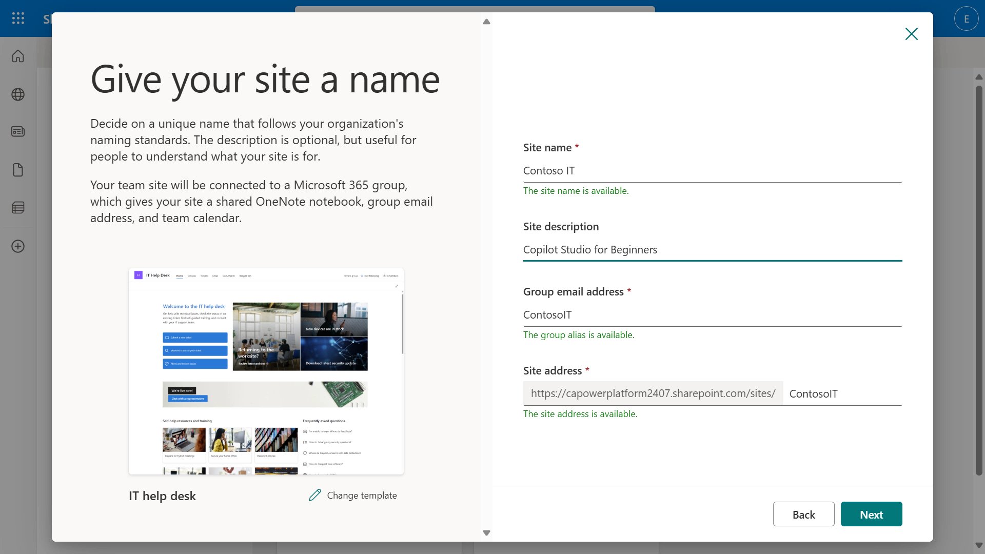 SharePoint 사이트 정보 입력 화면