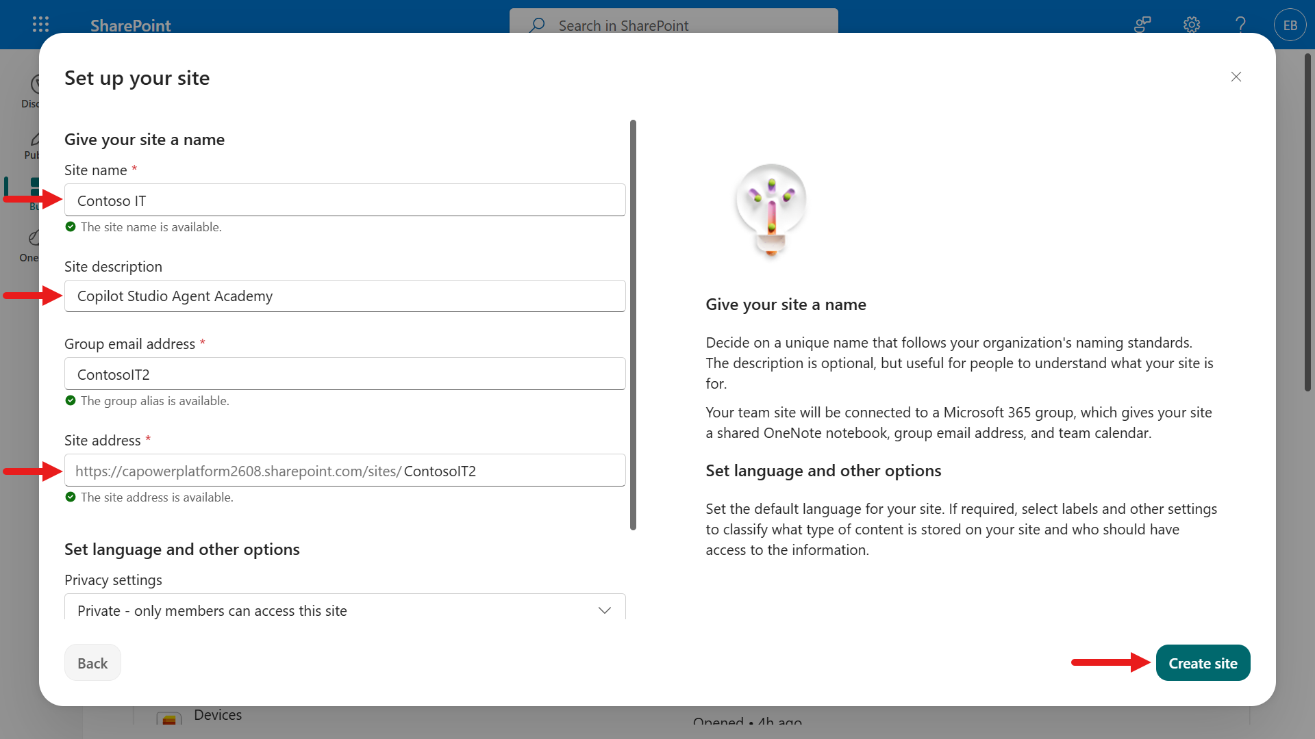 새 SharePoint 사이트 세부 정보 구성