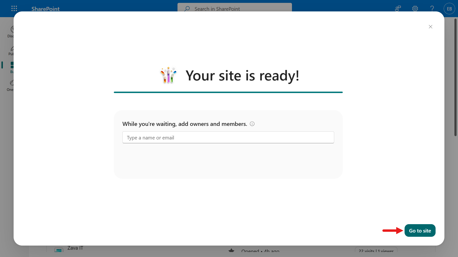 새로 만든 SharePoint 사이트 열기