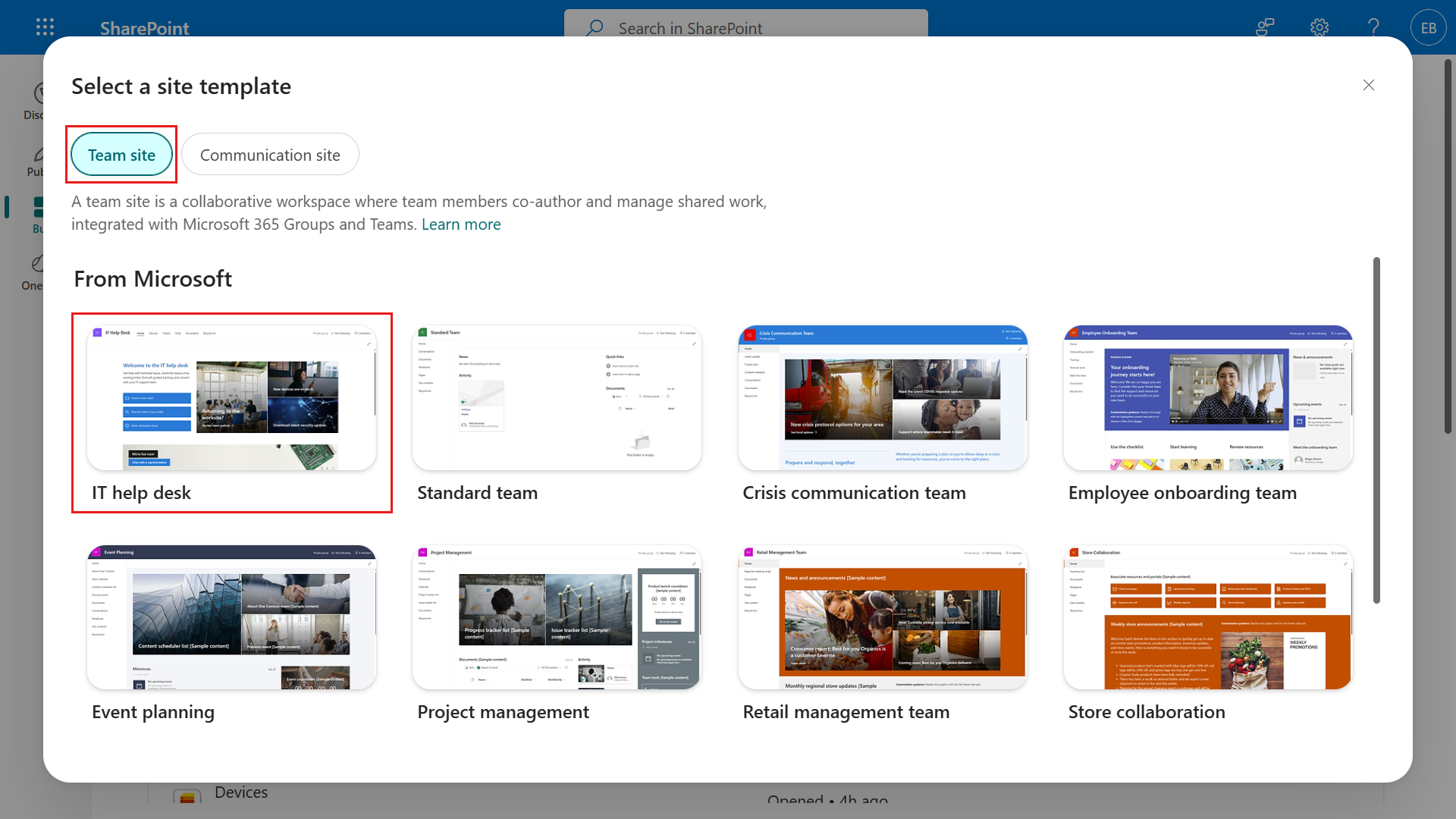 IT help desk 사이트 템플릿 선택