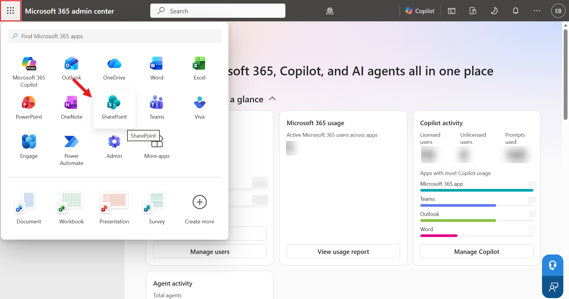 Microsoft 365 관리 센터에서 SharePoint 선택