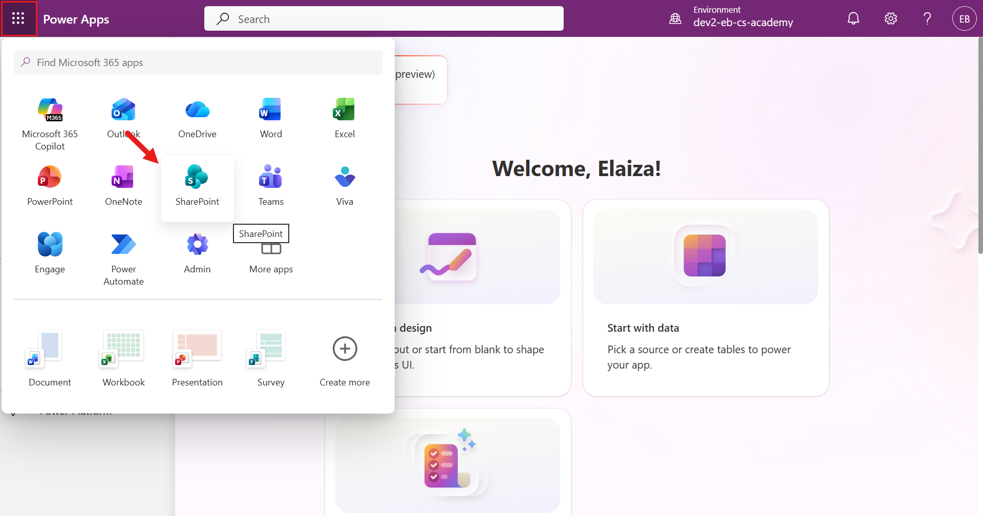 Power Apps에서 SharePoint 선택