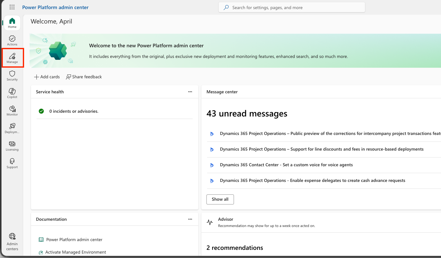 Power Platform 관리 센터의 manage 탭