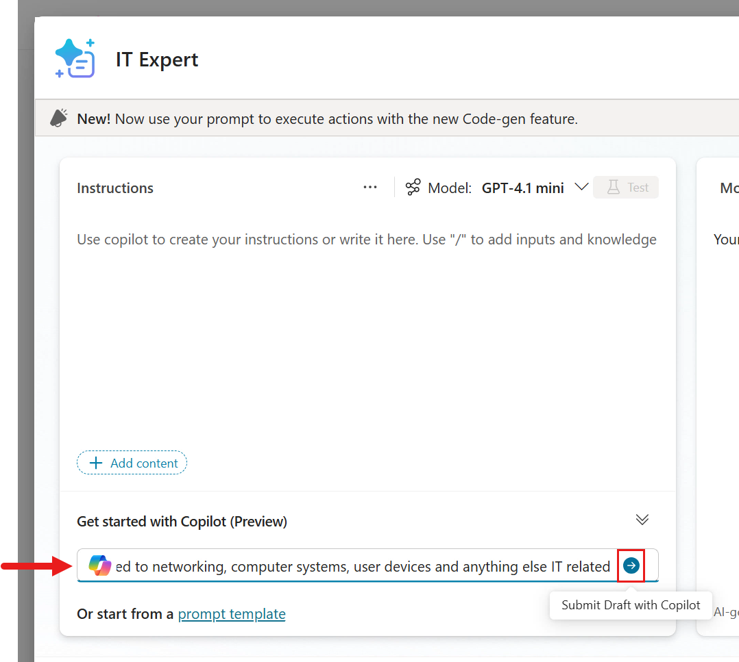 Copilot으로 프롬프트 초안 생성 시작 화면