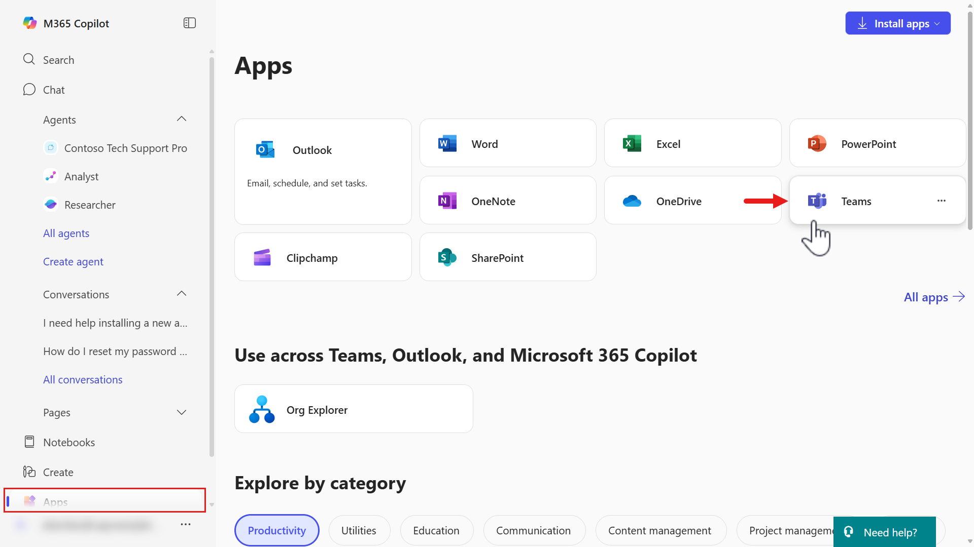 Apps 메뉴에서 Teams를 선택하는 화면