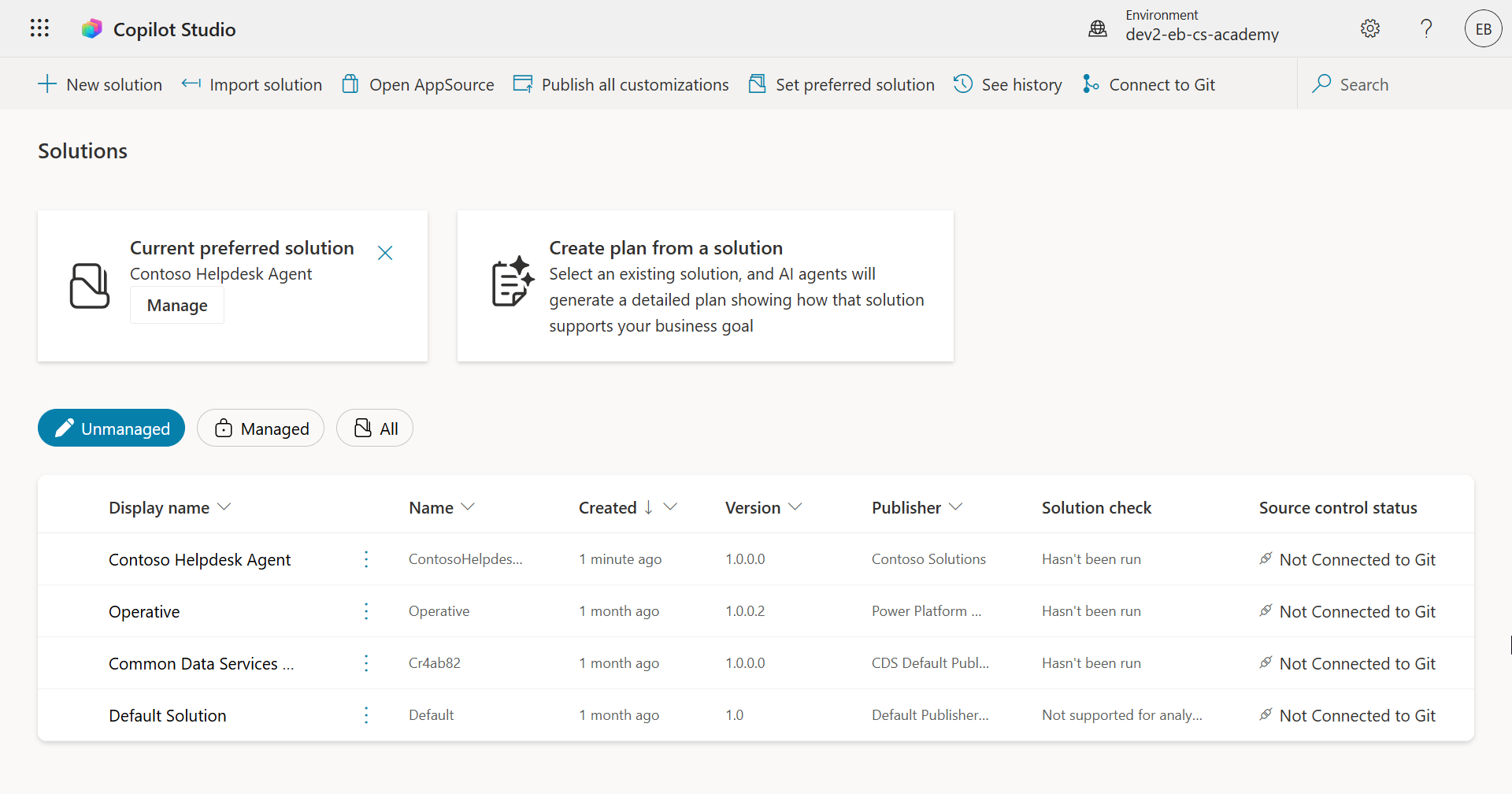 Copilot Studio의 Solution Explorer 화면