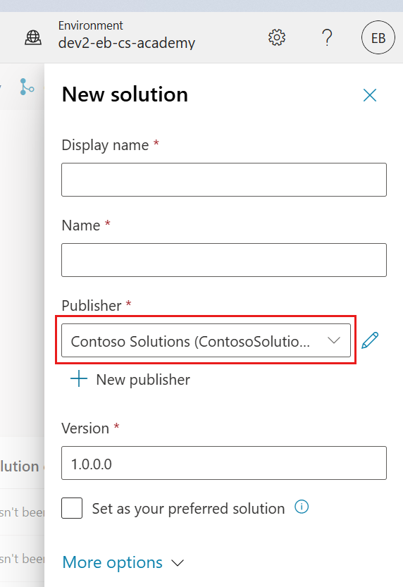 새 publisher가 선택된 상태의 New solution 화면