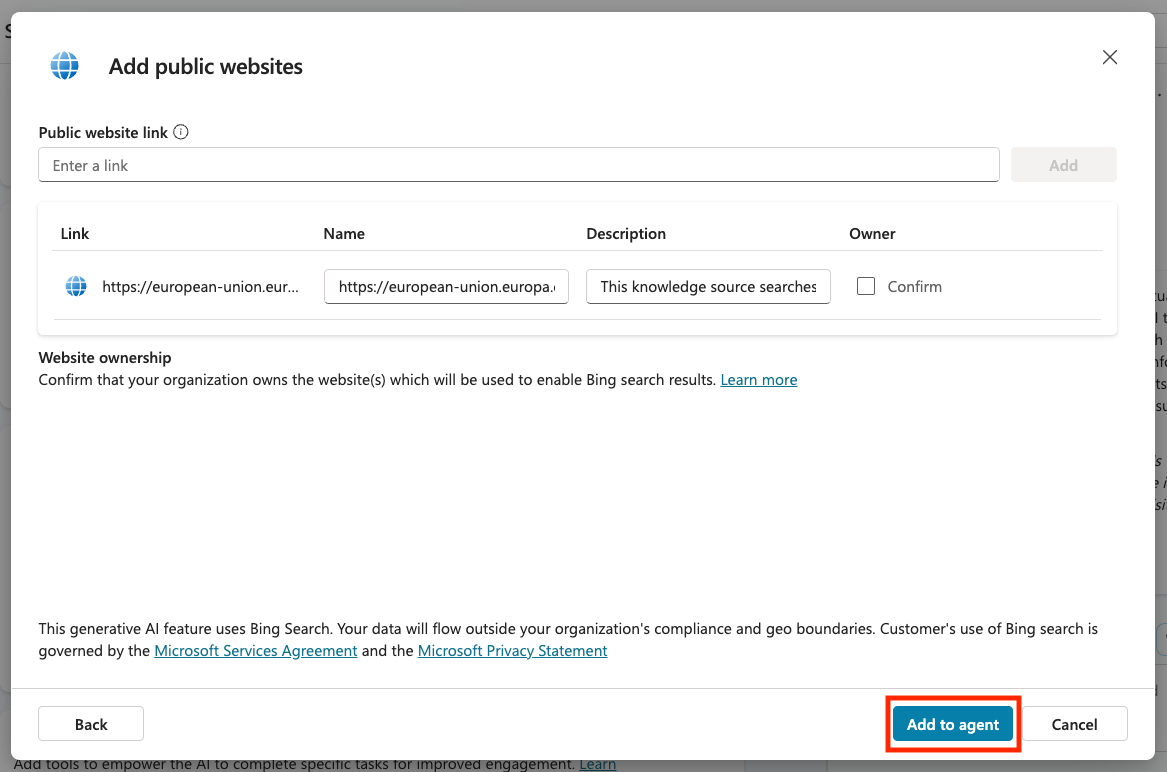 웹사이트를 에이전트에 연결하는 화면