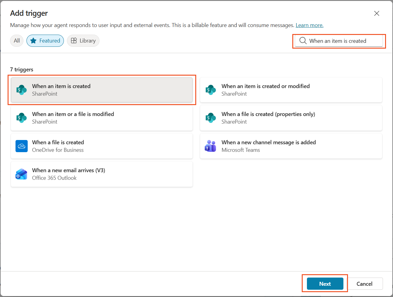 SharePoint trigger 선택