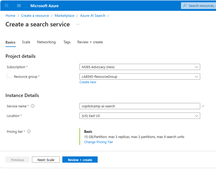 Azure AI Search 서비스 생성