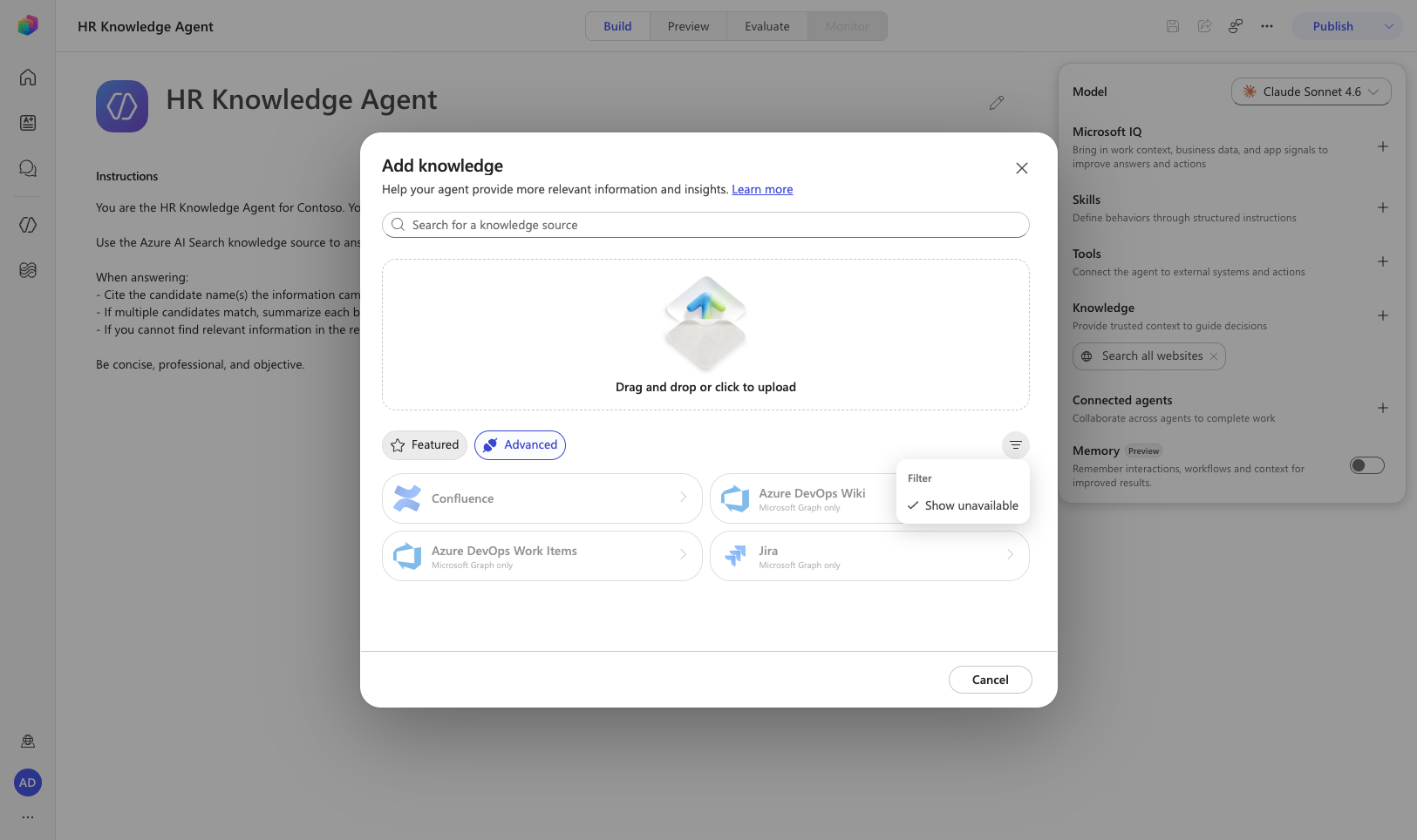 Add knowledge에는 Azure AI Search가 없음