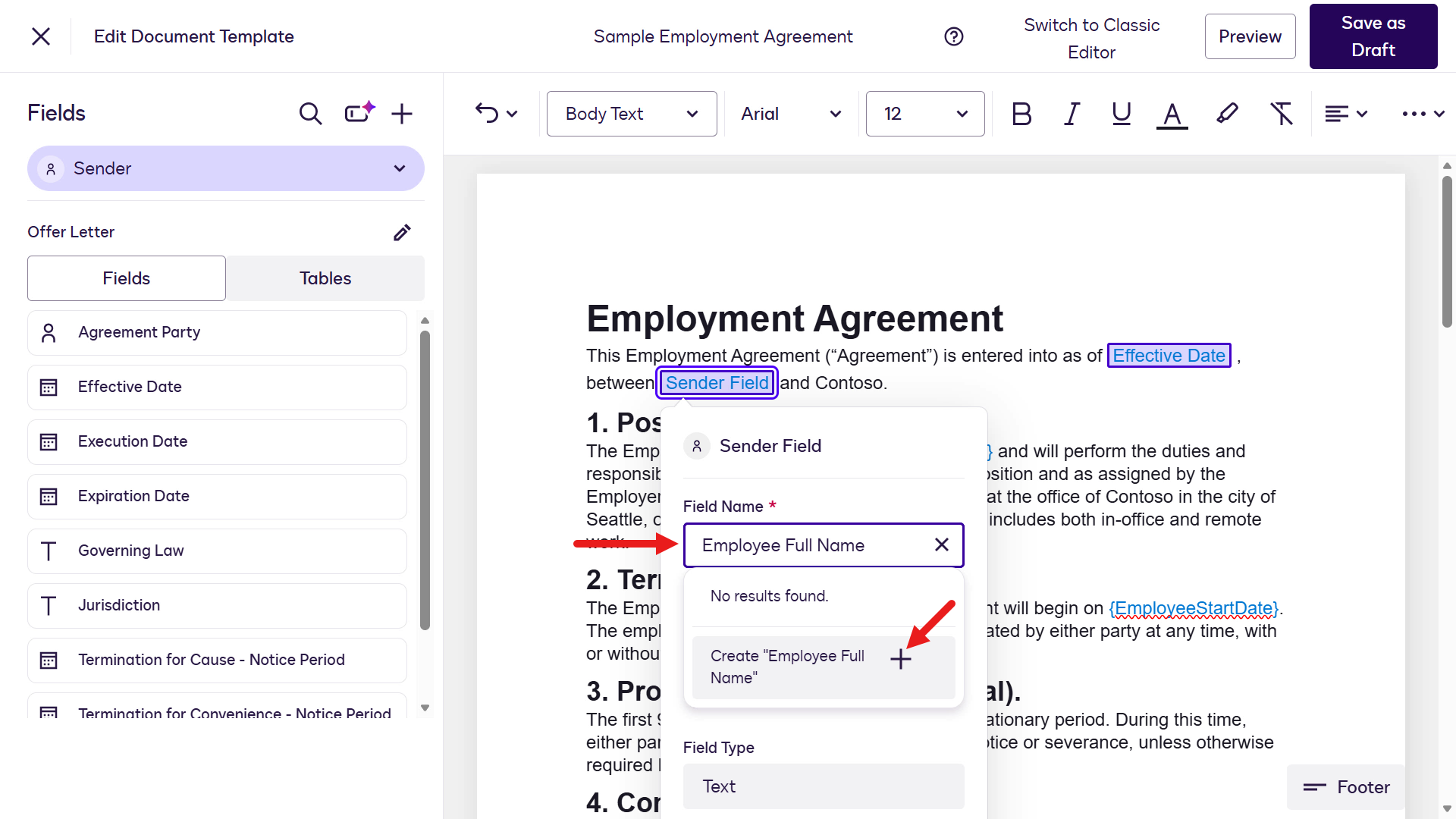 Employee Full Name 새 사용자 정의 필드 생성