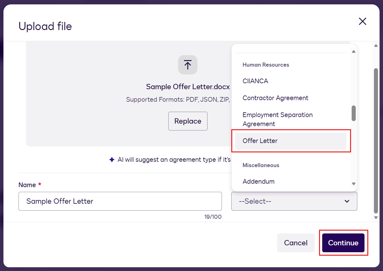 Sample Offer Letter 파일 업로드