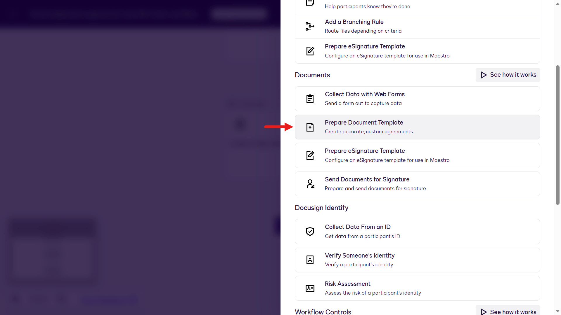 Prepare a Document Template 선택