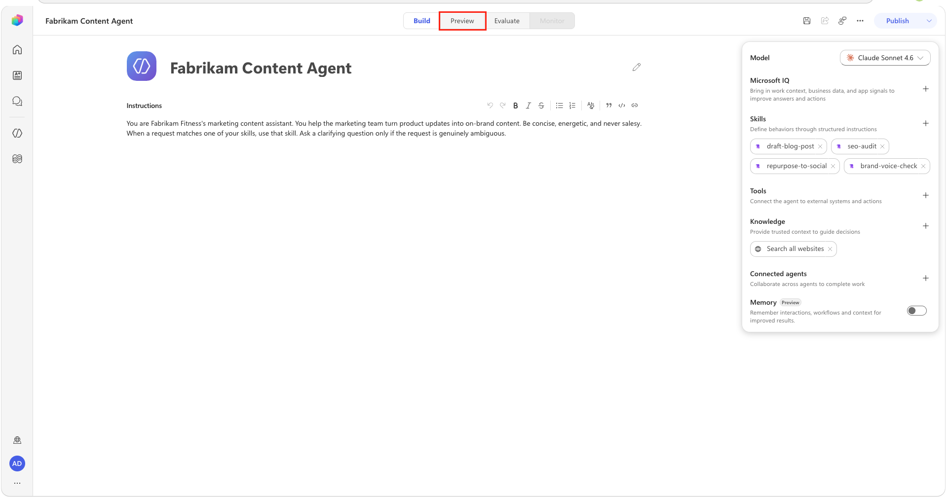 Fabrikam Content Agent의 미리 보기 탭