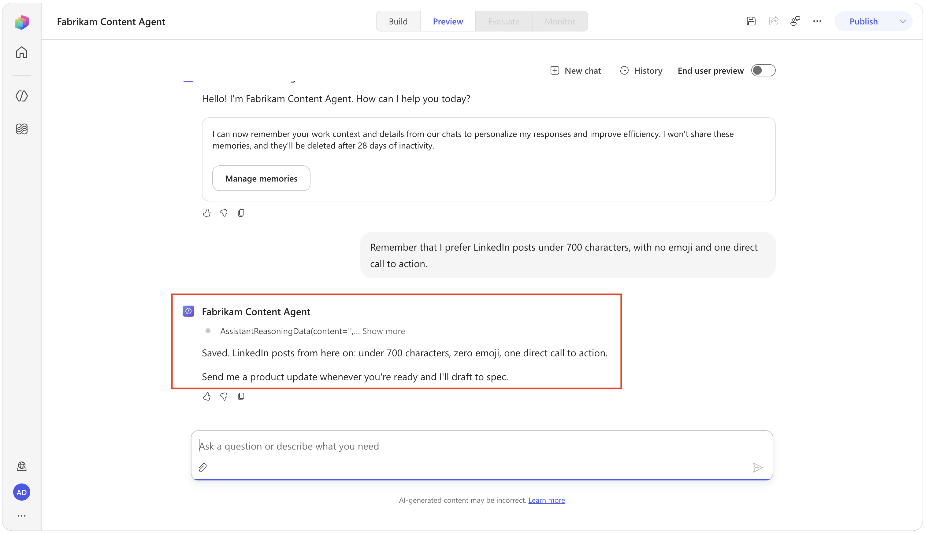 LinkedIn 선호가 저장되었다는 에이전트 확인