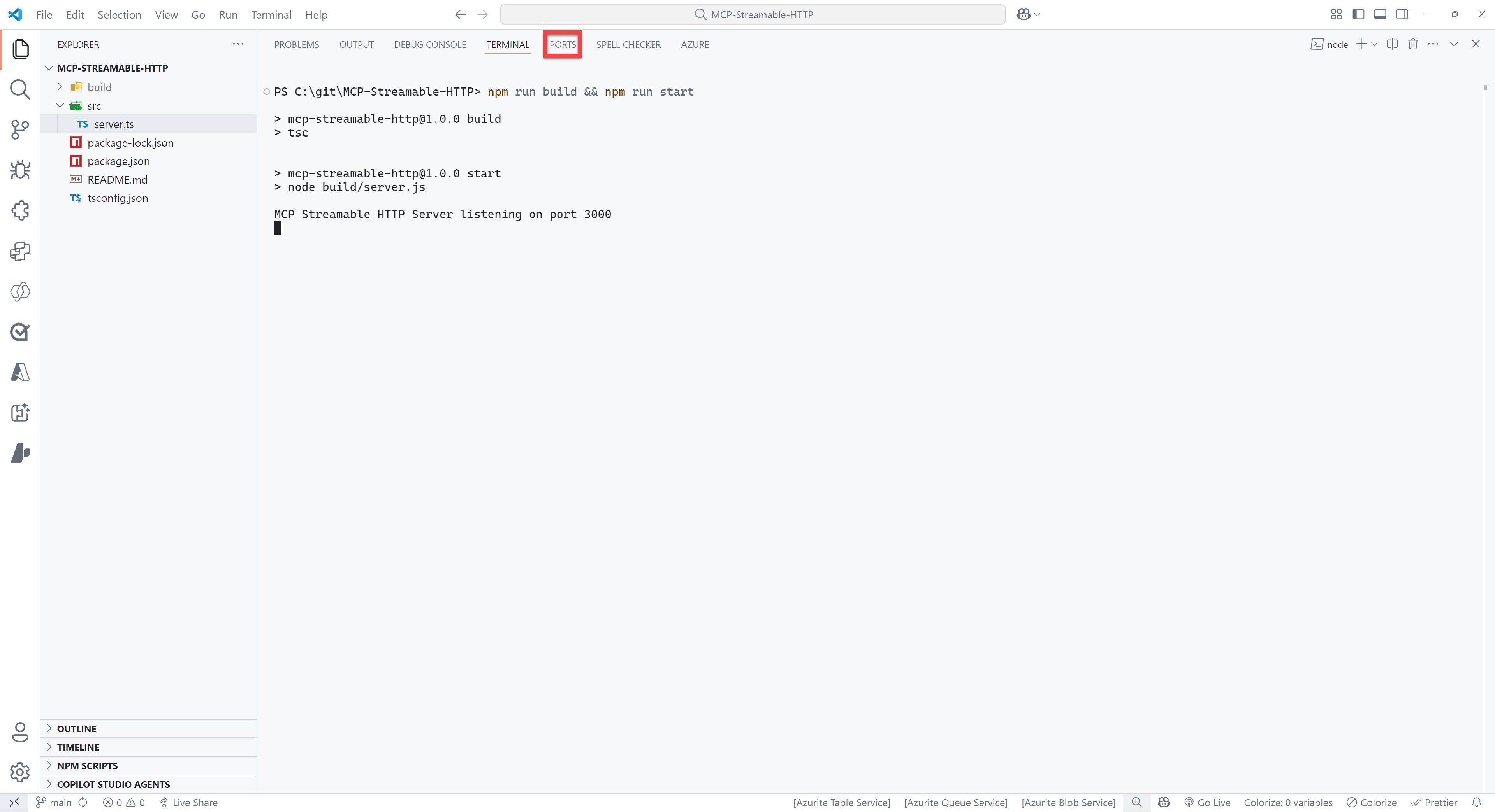 터미널이 열려 있고 PORTS 탭이 강조된 VS Code 화면