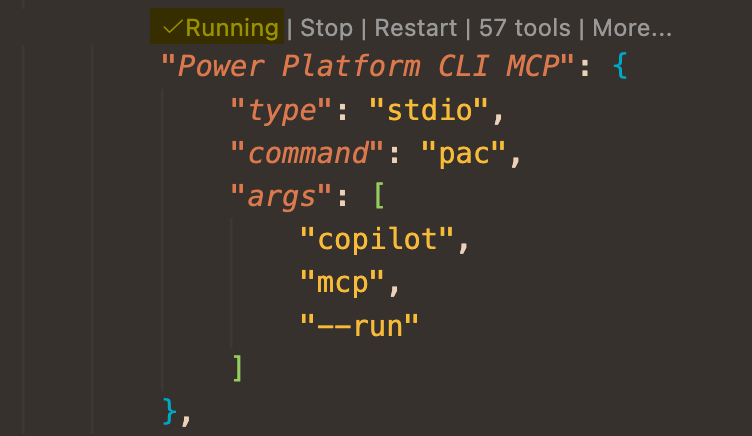 Visual Studio Code에서 실행 중인 Power Platform CLI MCP