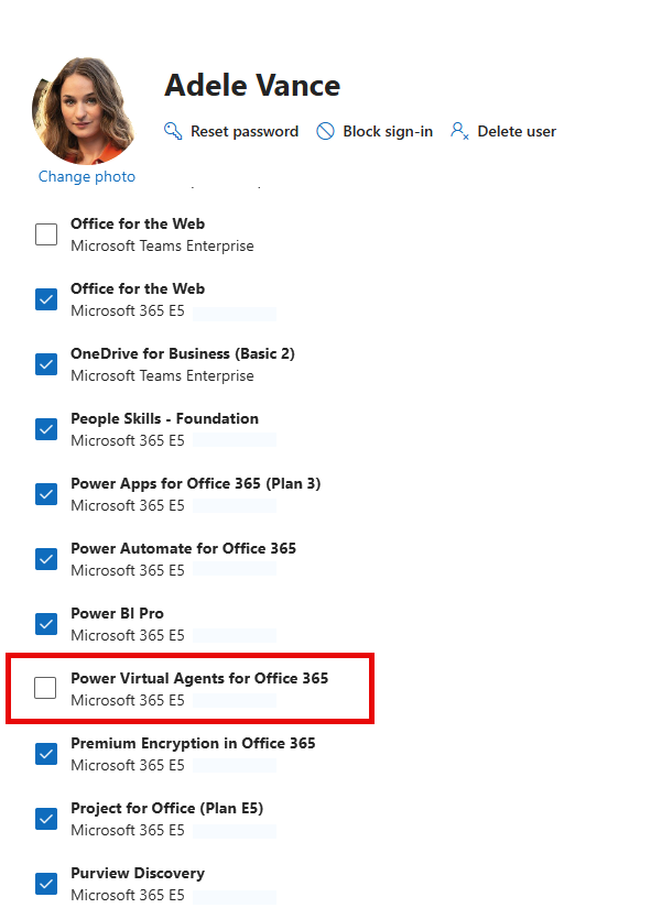 사용자 라이선스에서 Power Virtual Agents for Office 365 서비스 플랜을 비활성화하는 화면