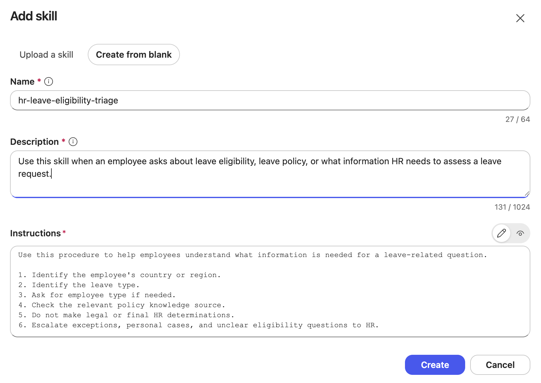 Copilot Studio Skills 탭의 Create from blank 대화상자 — 이름·설명·지침 입력