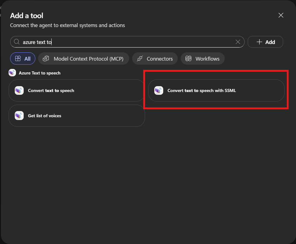 Copilot Studio 에이전트에서 Azure Text to speech 커넥터를 도구로 추가하는 화면