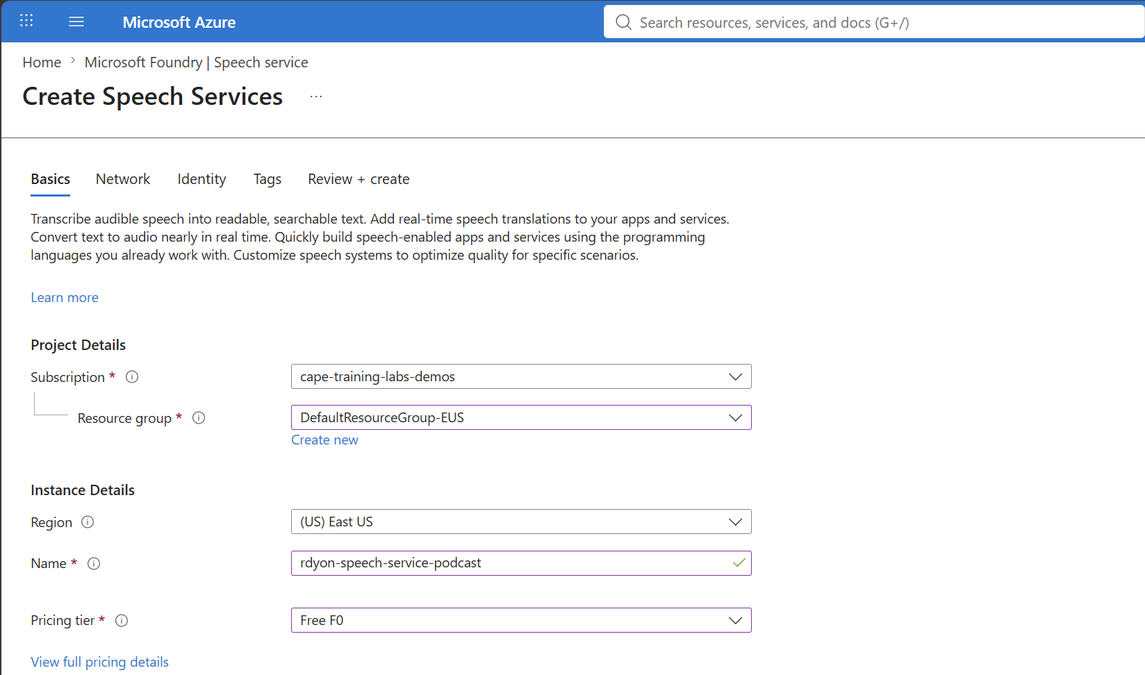 Azure 포털에서 Speech service 리소스를 만드는 화면