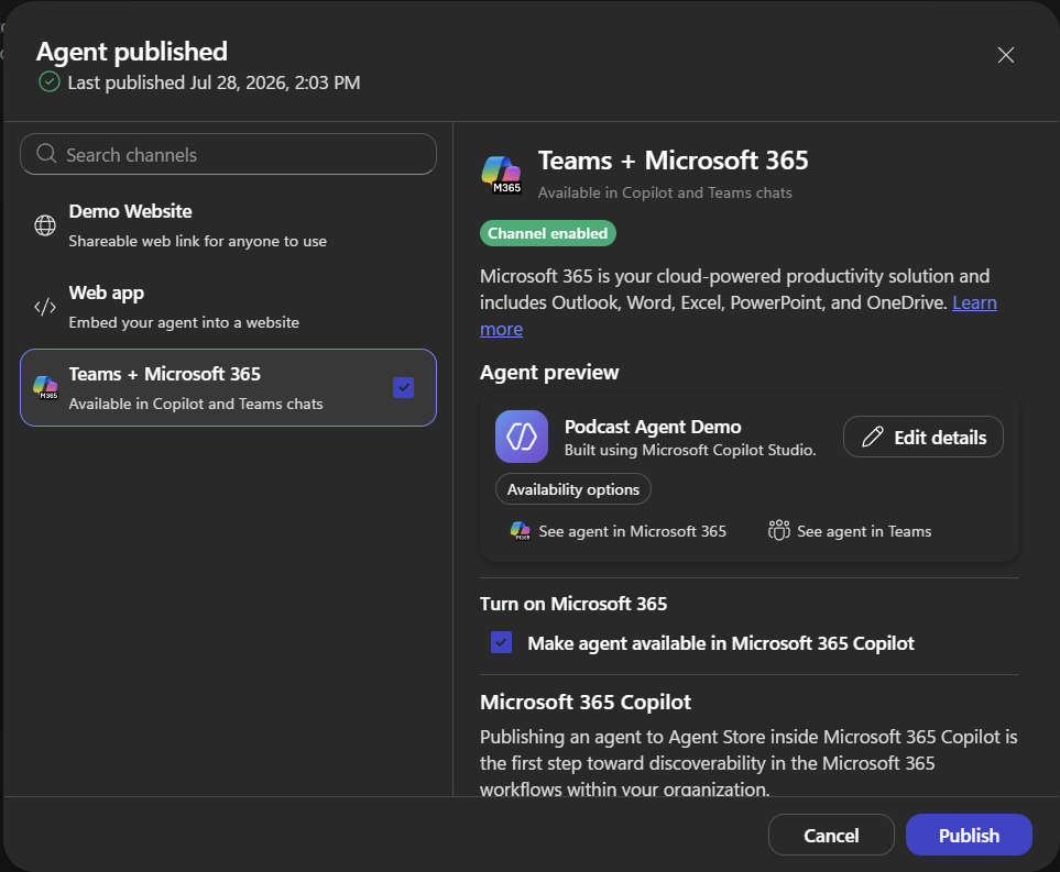 에이전트에 Teams 및 Microsoft 365 Copilot 채널을 활성화하는 화면