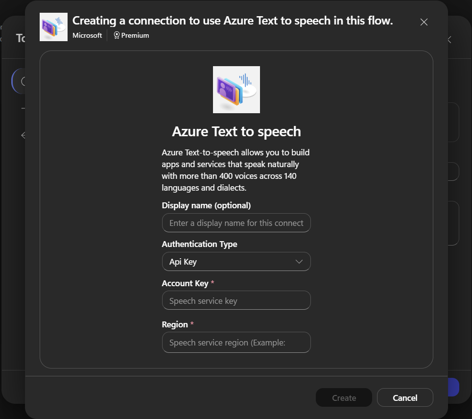 계정 키와 지역으로 Azure Text to speech 연결을 만드는 화면