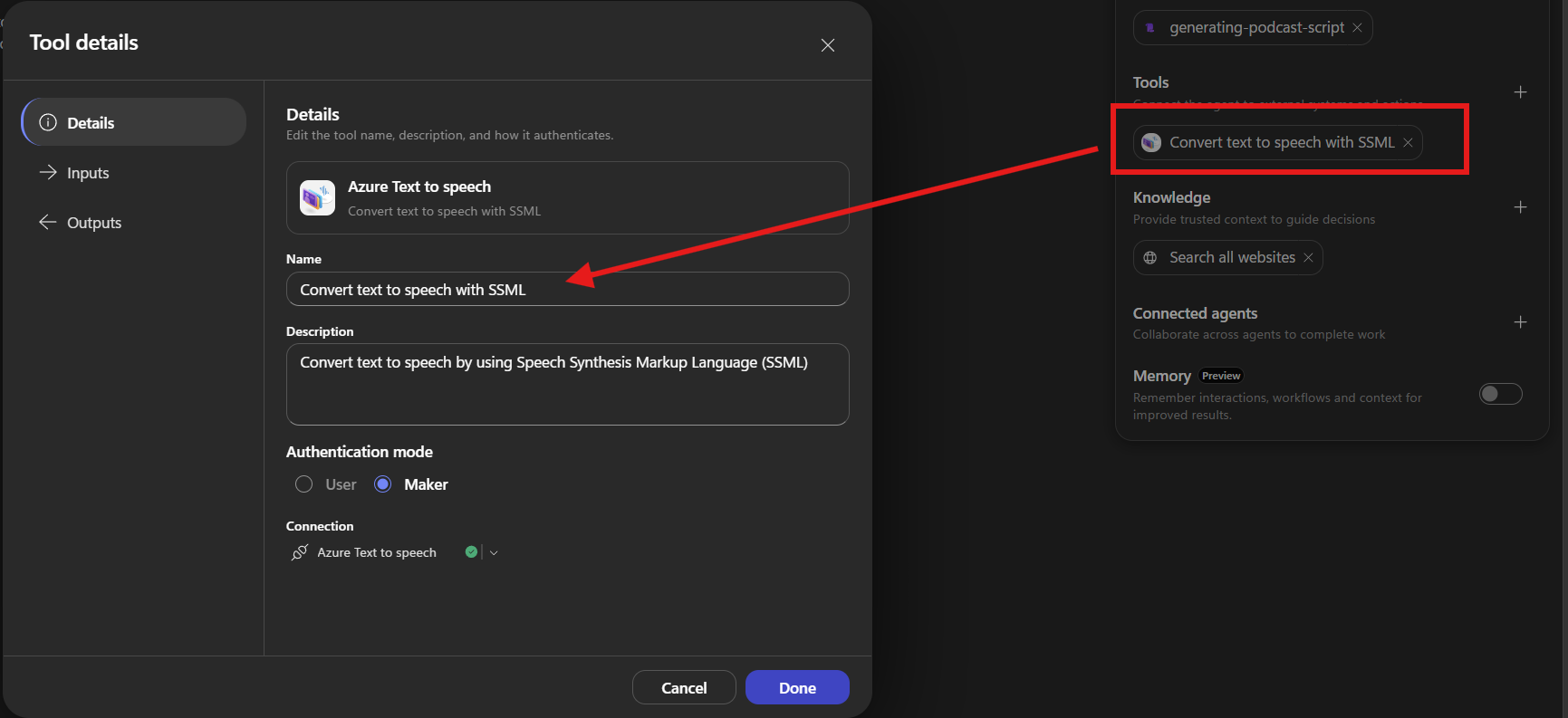 에이전트의 Tools 탭에 SSML 텍스트-음성 변환 도구가 나열된 화면