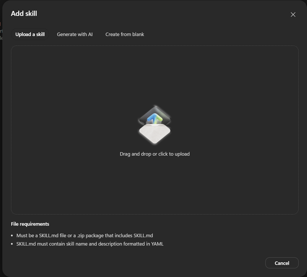 Copilot Studio Skills 탭에서 팟캐스트 Skill ZIP을 업로드하는 화면