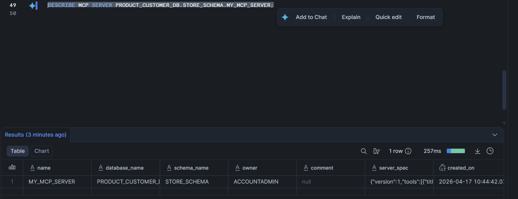 번들된 도구 사양을 나열하는 DESCRIBE MCP SERVER 출력