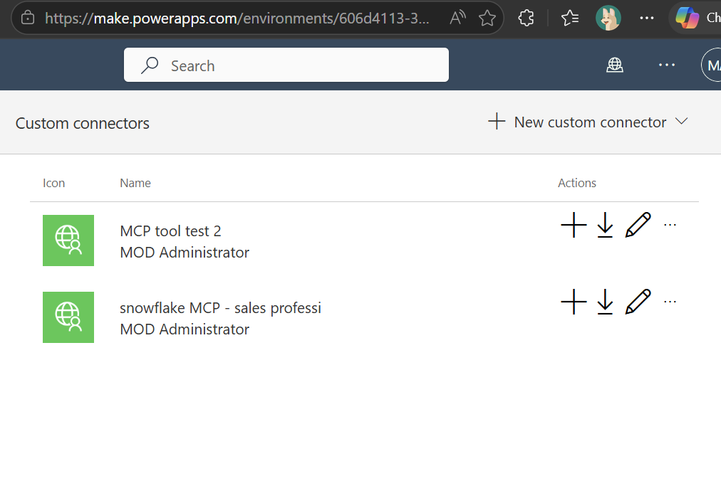 자동 생성된 Snowflake MCP 커넥터를 보여주는 Power Apps 커스텀 커넥터 목록
