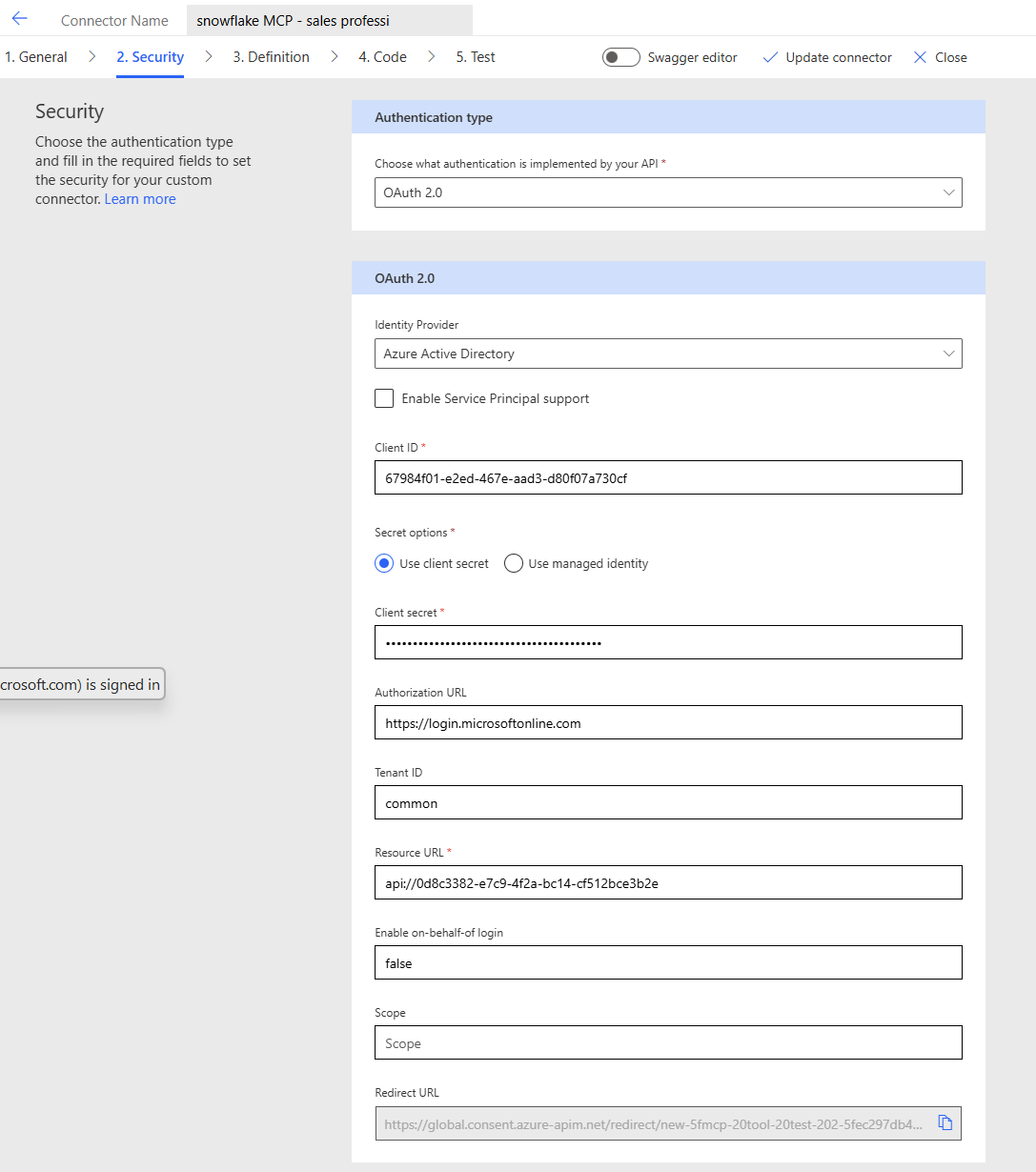 보안 탭 하단에 OAuth 2.0 리디렉션 URL이 표시된 커스텀 커넥터