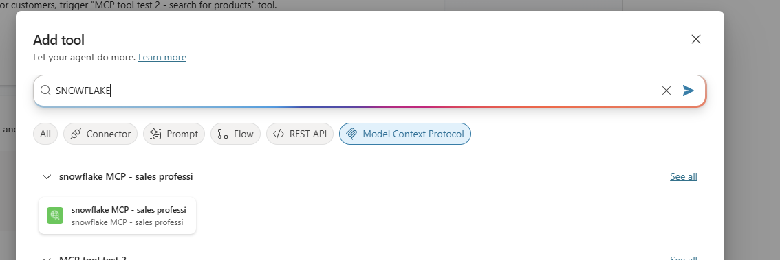 MCP 필터가 적용된 Copilot Studio '도구 추가' 대화 상자