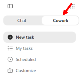 Cowork 탭이 강조된 사이드바 — Home, New task, Search, Scheduled, Customize