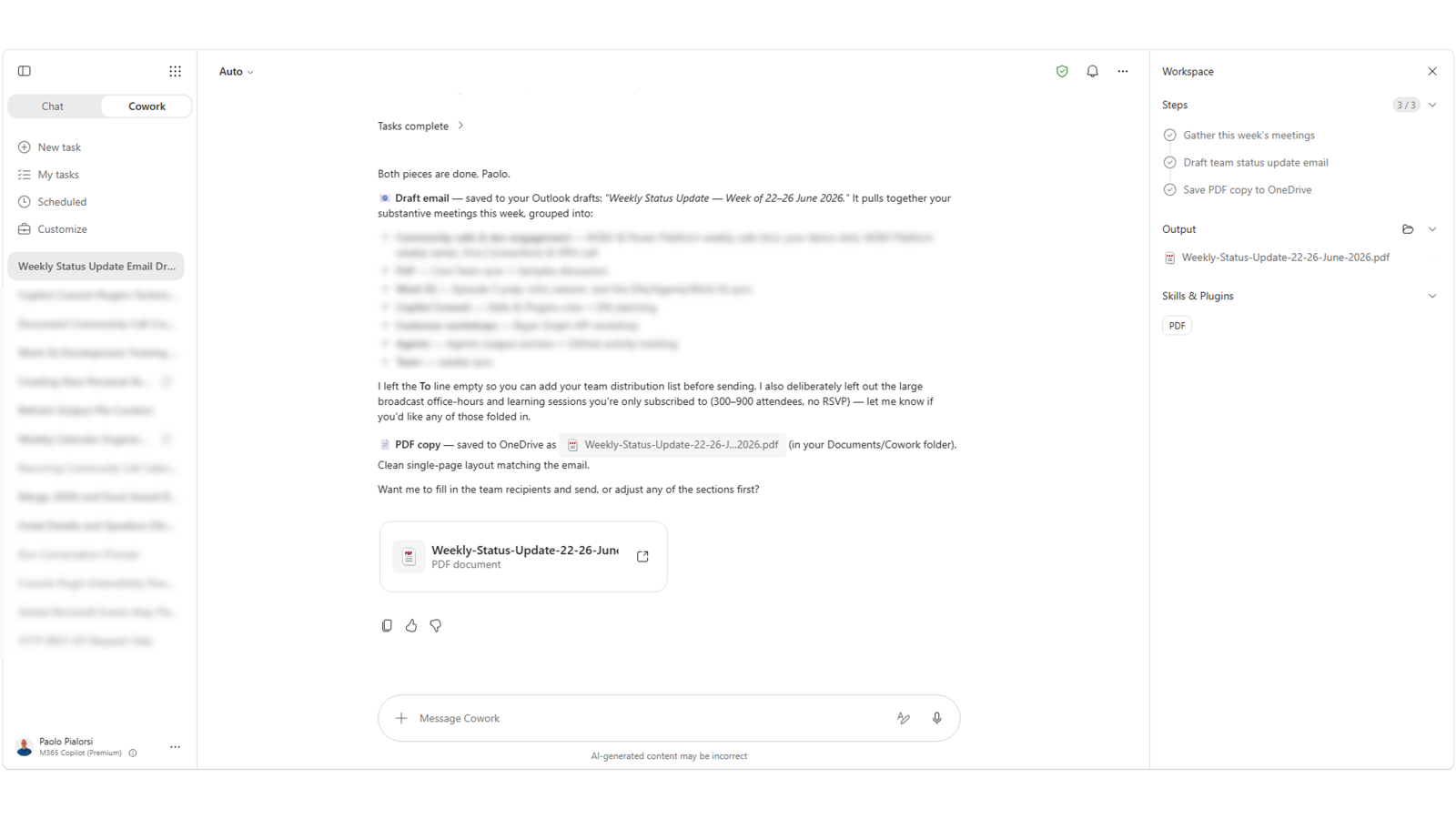 완료된 작업 요약 — 활동별로 묶인 주간 상태 업데이트 메일과 첨부된 PDF