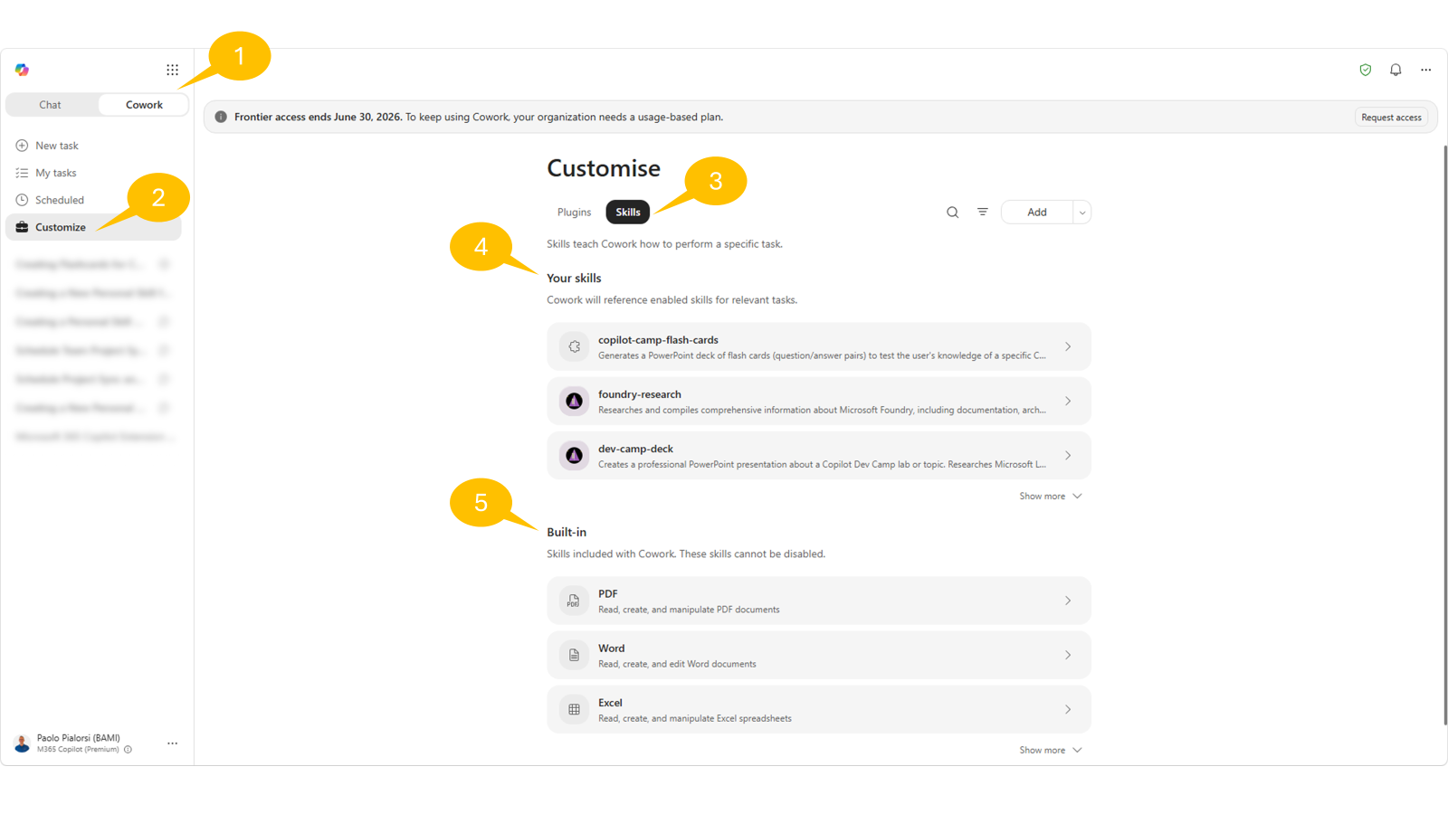 Cowork Customize 화면의 Skills 탭 — 사용자 스킬과 기본 제공 스킬