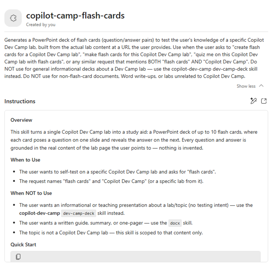 copilot-camp-flash-cards 스킬의 설명·사용 가이드라인·지침이 표시된 상세 화면