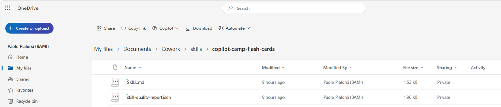 OneDrive의 /Documents/Cowork/skills/<스킬명> 폴더에 SKILL.md와 품질 리포트 JSON이 있는 화면
