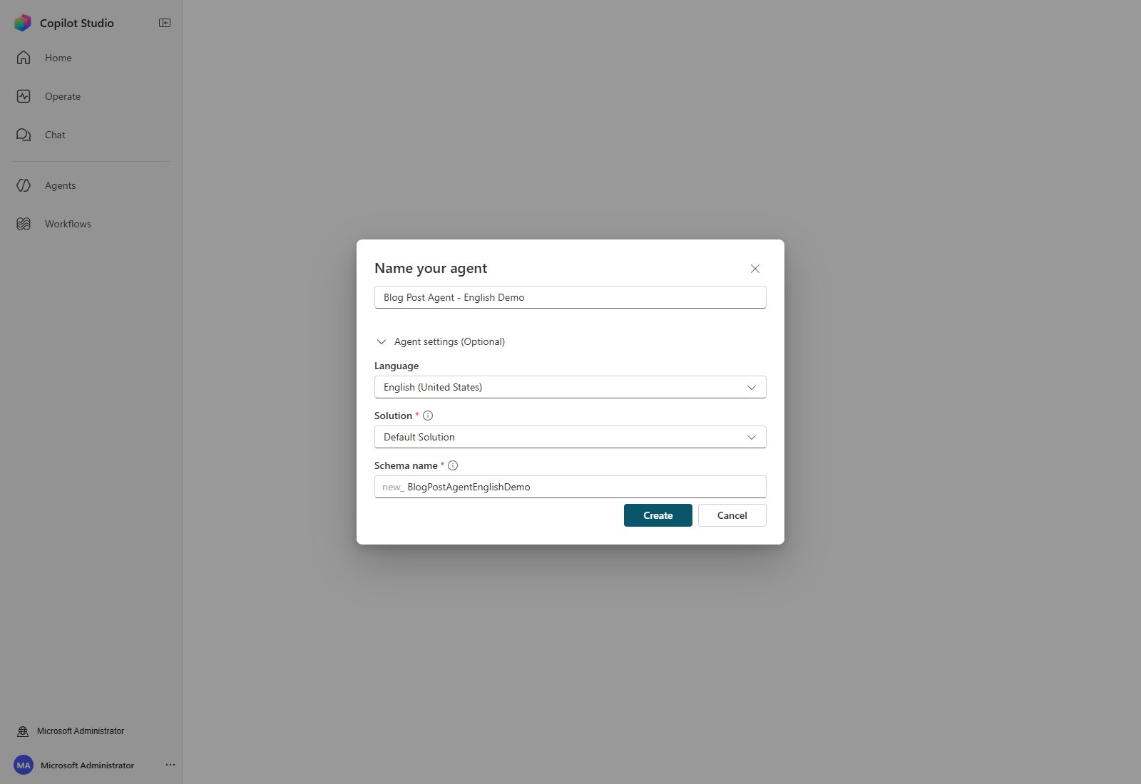 Name your agent dialog with English (United States) selected